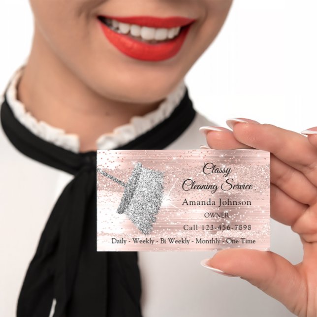 Classy Cleaning Service Maid House Silver Rose Business Card (Baby Shower Sweet Feet Drips Rose Glitter Vlush Favor Box)