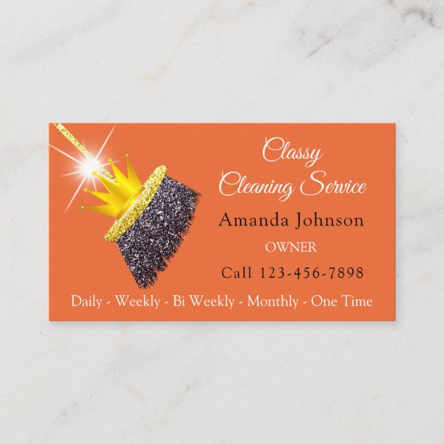 Classy Cleaning Service Maid Orange Gold Crown   Business Card (Front)