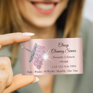 Classy Cleaning Service Maid Rose Glitter Grey Business Card