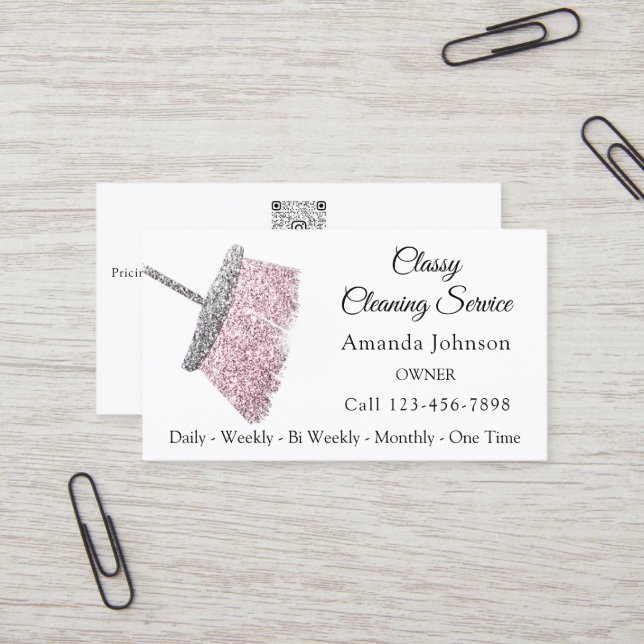 Classy Cleaning Service Maid White Silver QR CODE  Business Card (Front/Back In Situ)