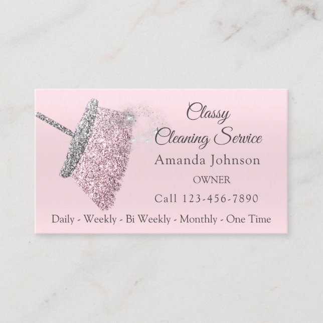 Classy Cleaning Service Residencial Grey Pink Business Card (Front)