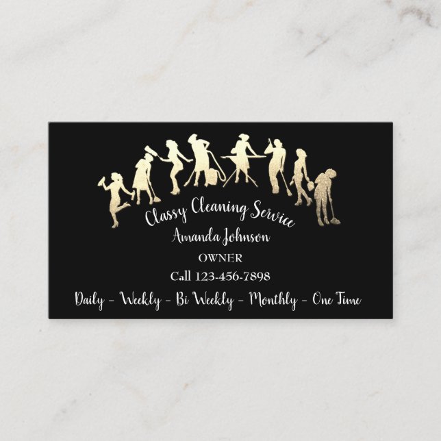 Classy Cleaning Services Gold Logo Maid Black Business Card (Front)