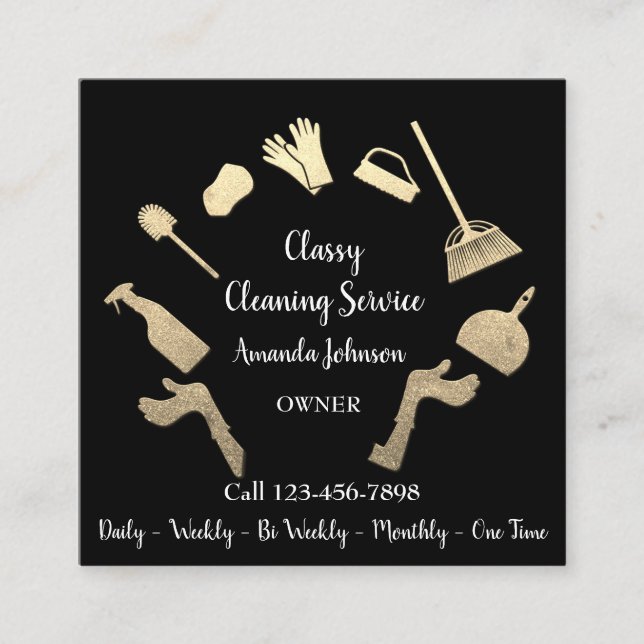 Classy Cleaning Services Gold Logo Maid Black Vip Square Business Card (Front)