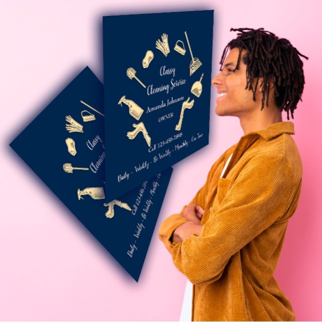 Classy Cleaning Services Gold Logo Maid House Navy Square Business Card (Classy Cleaning Services Gold Logo Maid House Navy Square Business Card)