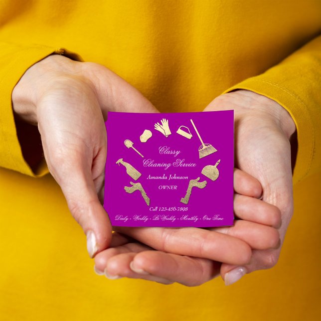 Classy Cleaning Services Gold Logo Maid House Pink Square Business Card (Creator Uploaded)