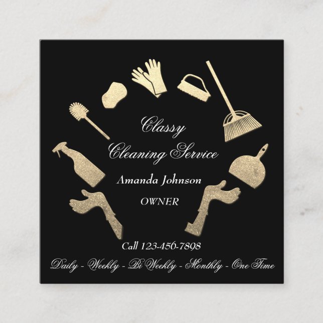 Classy Cleaning Services Gold Logo Maid House Square Business Card (Front)