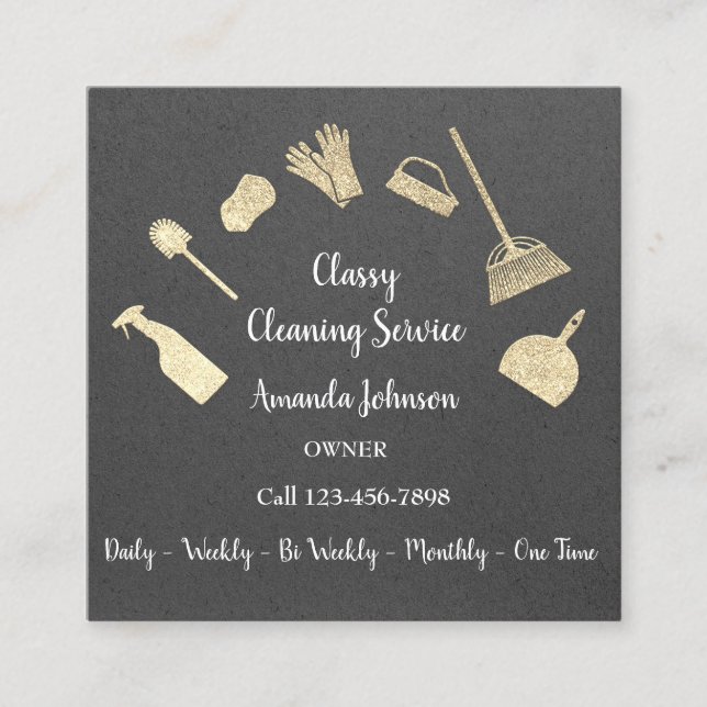 Classy Cleaning Services Gold Logo Maid Kraft Grey Square Business Card (Front)