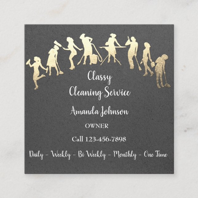 Classy Cleaning Services Gold Logo Maid Kraft Grey Square Business Card (Front)
