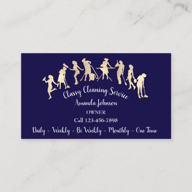 Classy Cleaning Services Gold Logo Maid Navy Business Card (Front)
