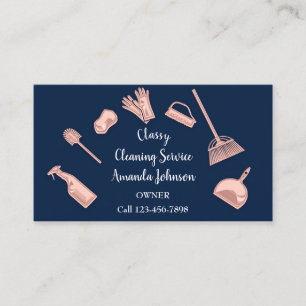 Classy Cleaning Services Gold Logo Maid Navy Rose Business Card