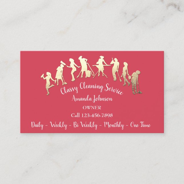 Classy Cleaning Services Gold Logo Maid Pink Business Card (Front)