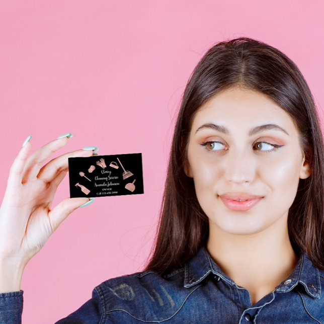 Classy Cleaning Services Gold Logo Maid Pink Rose Business Card (Creator Uploaded)