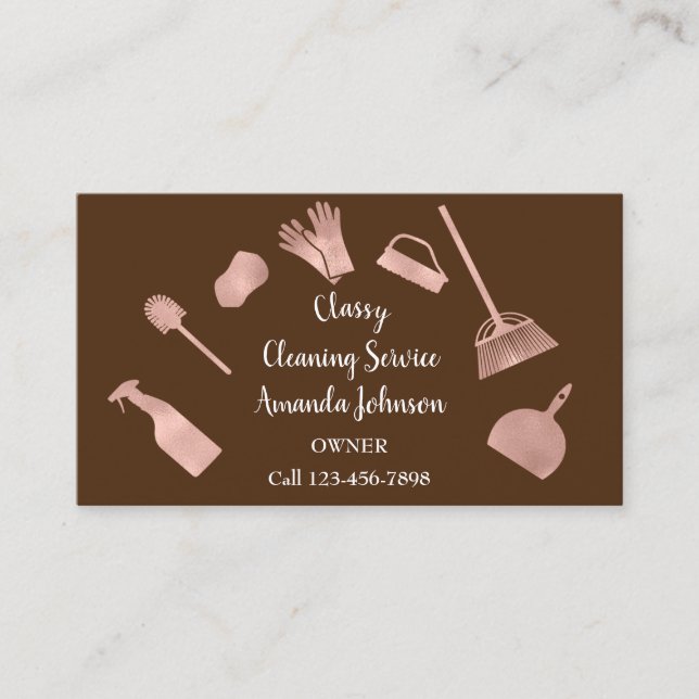 Classy Cleaning Services Gold Logo Maid Rose Skin Business Card (Front)
