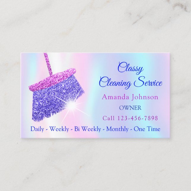 Classy Cleaning Services Holograph Blue Glitter Business Card (Front)