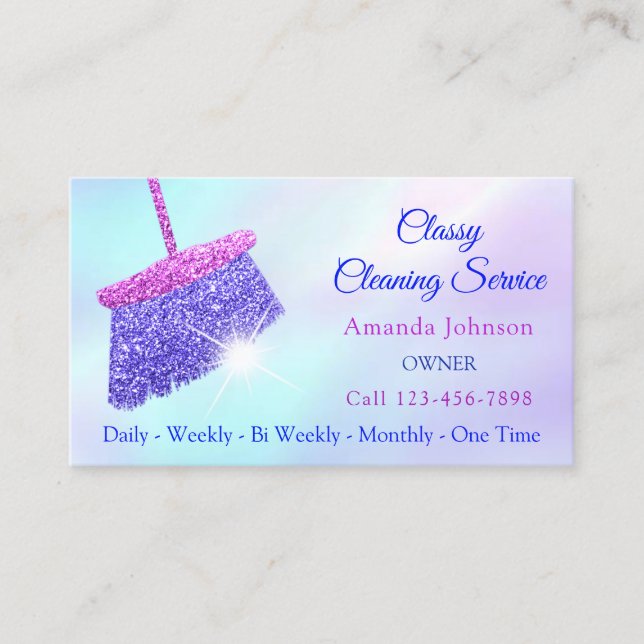 Classy Cleaning Services Holograph Blue Glitter Business Card (Front)