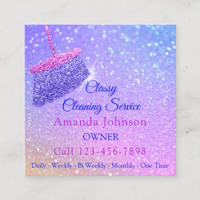 Classy Cleaning Services Holograph Pink Glitter Square Business Card (Front)