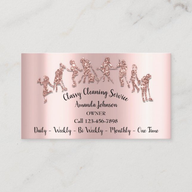 Classy Cleaning Services Logo Maid Rose Glitter Business Card (Front)