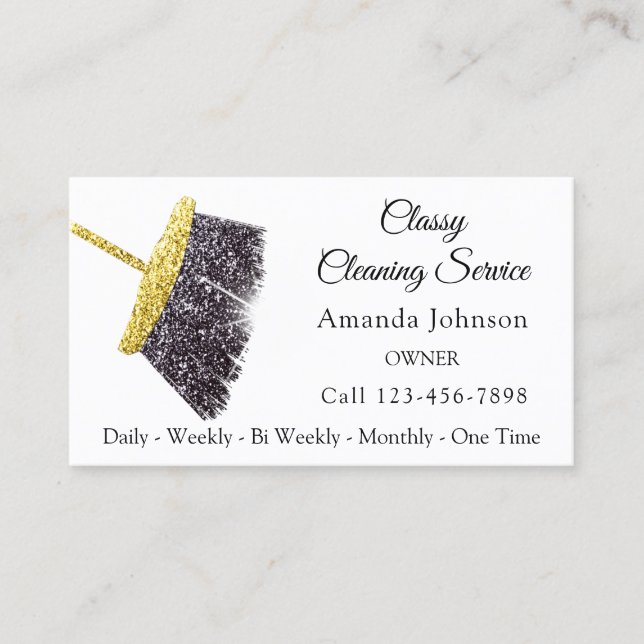 Classy Cleaning Services Maid Gold White Unique Business Card (Front)