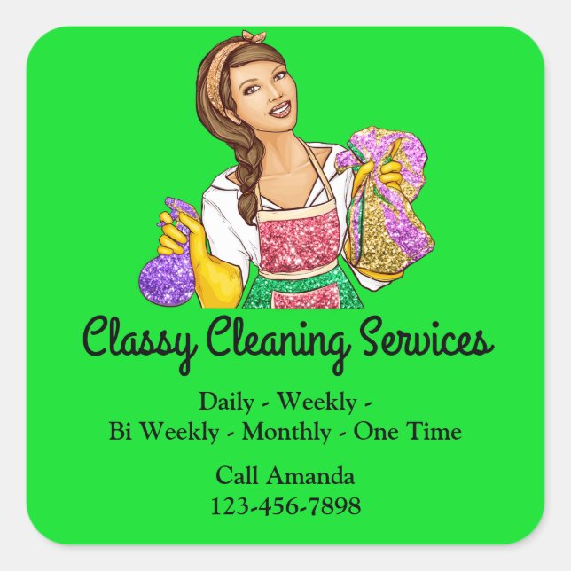 Classy Cleaning Services Maid Housekeeper Green Square Sticker (Front)