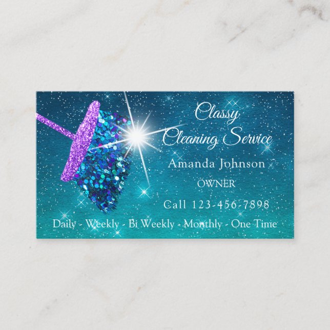 Classy Cleaning Services Pink Purple Glitter Blue Business Card (Front)