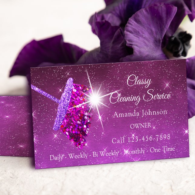Classy Cleaning Services Pink Purple Glitter Maid Business Card (Classy Cleaning Services Pink Purple Glitter Maid Business Card)