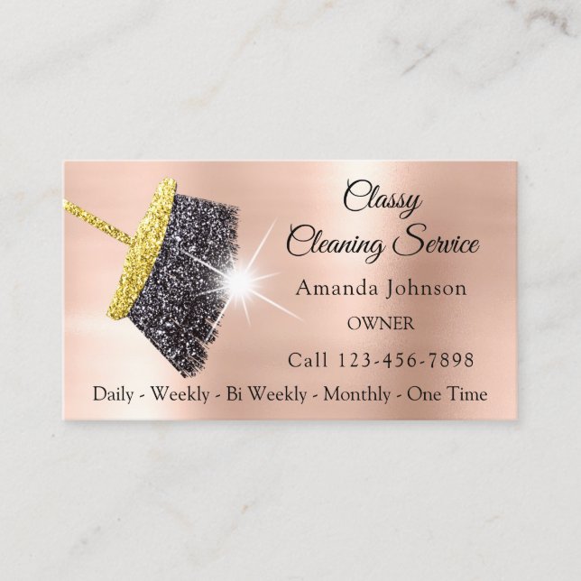 Classy Cleaning Services Rose Gold Glitter Black Business Card (Front)