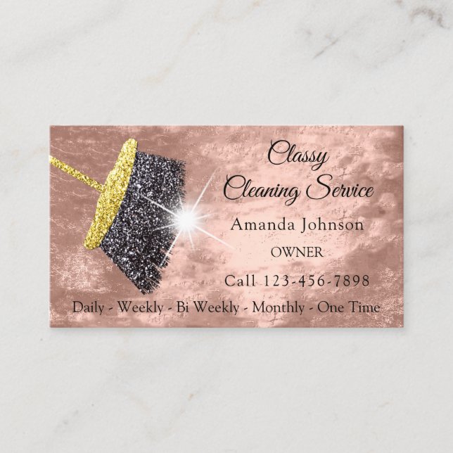 Classy Cleaning Services Rose Gold Glitter Leather Business Card (Front)