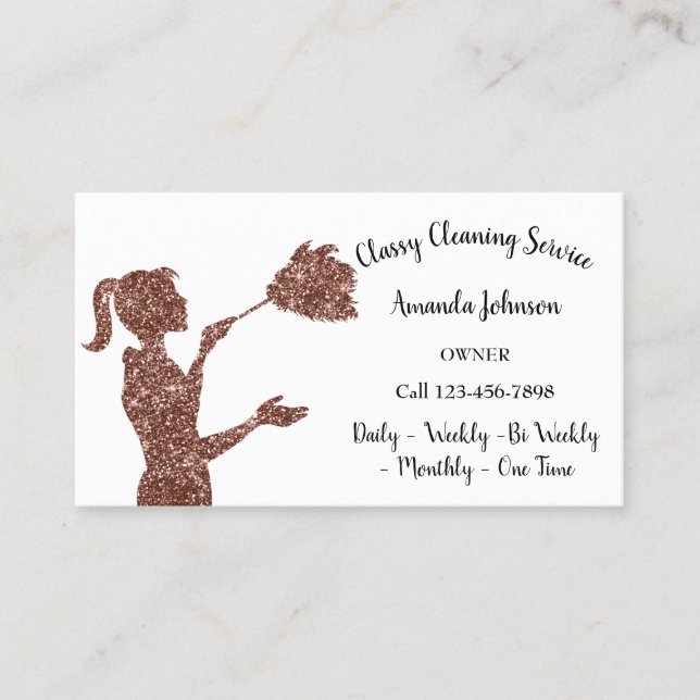 Classy Cleaning Services Rose Logo Maid 1 Glitter Business Card (Front)