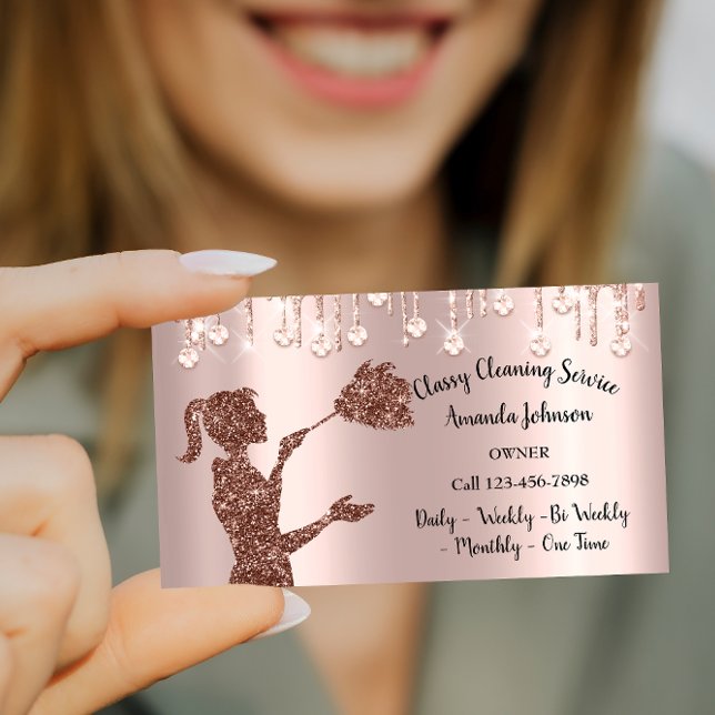 Classy Cleaning Services Rose Logo Maid Drips Business Card (Classy Cleaning Services Rose Logo Maid Drips Business Card)