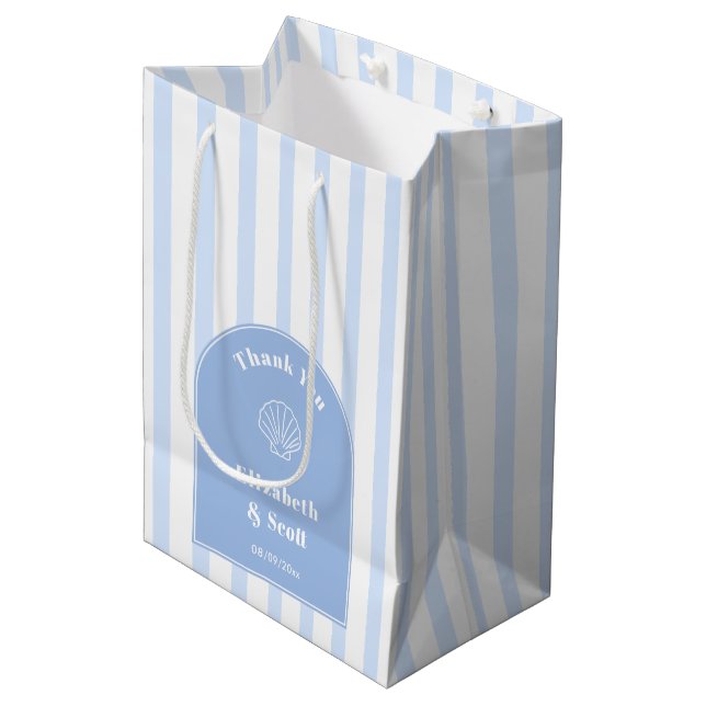 Classy Coastal Blue White Stripe Wedding Thank You Medium Gift Bag (Front Angled)