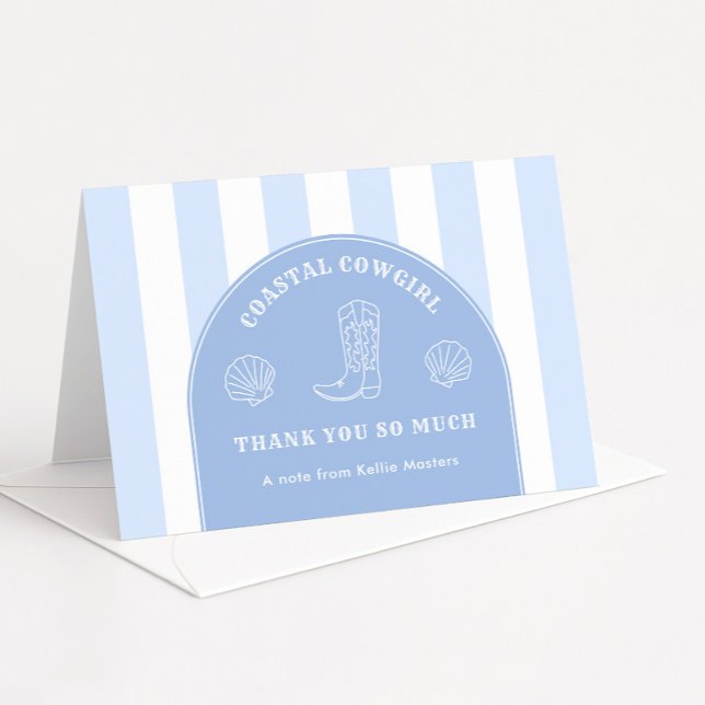 Classy Coastal Cowgirl Bachelorette Party Photo Thank You Card (Modern arch blue and white Coastal Cowgirl bachelorette party thank you cards)