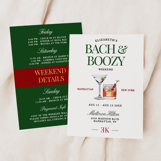 Classy Cocktail Green & Red Bach & Boozy Weekend Invitation (Creator Uploaded)