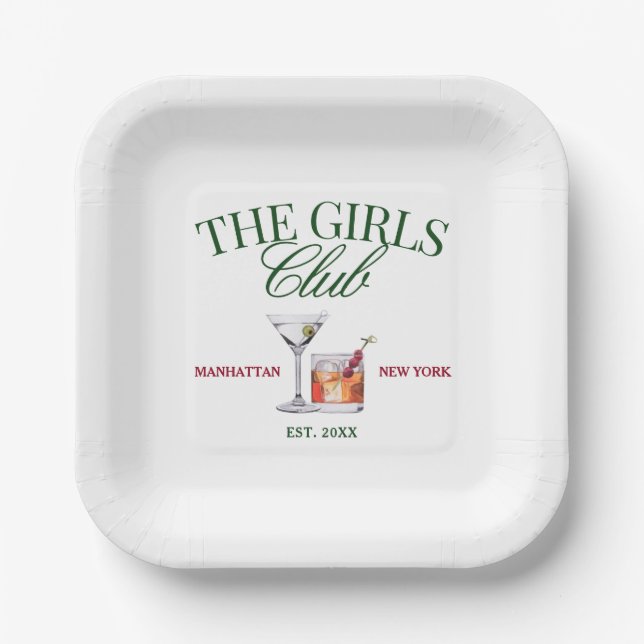 Classy Cocktails Green & Red Girl's Club Paper Plate (Front)