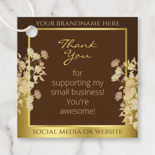 Classy Coffee Brown and Gold Glam Floral Packaging Favour Tags