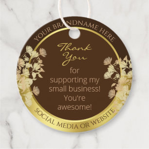 Classy Coffee Brown and Gold Glam Floral Packaging Favour Tags