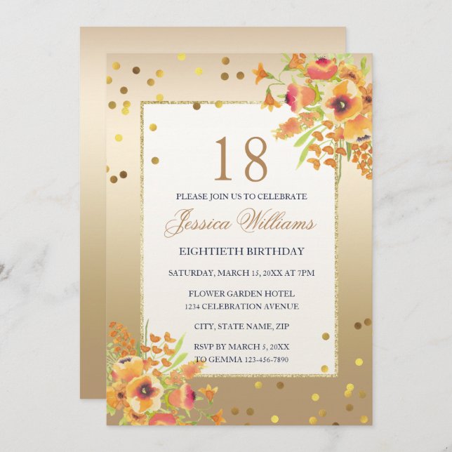Classy Confetti & Corner Flowers 18th Birthday Invitation (Front/Back)