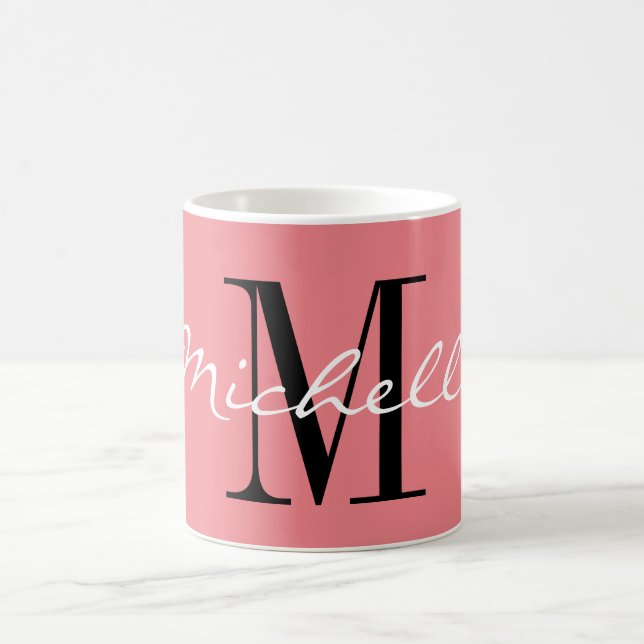 Classy coral pink and white custom name monogram coffee mug (Center)