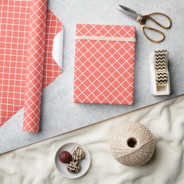 Classy Coral Red Orange White Check Pattern Wrapping Paper (Crafts)