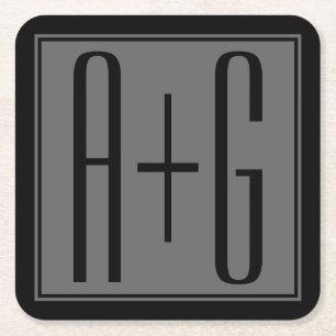 Classy Couples Initials Black & Grey Square Paper Coaster