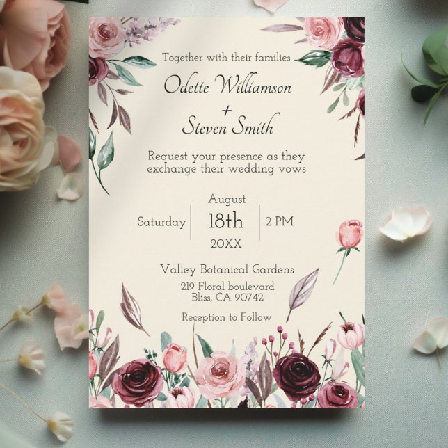 Classy Cream and Burgundy Flowers Rustic Wedding Invitation (Cream Wedding Invitation with Burgundy and Blush Pink Watercolor Flowers and script text)