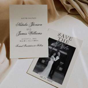 Classy Cream Black Old Money Fancy Photo Wedding Save The Date