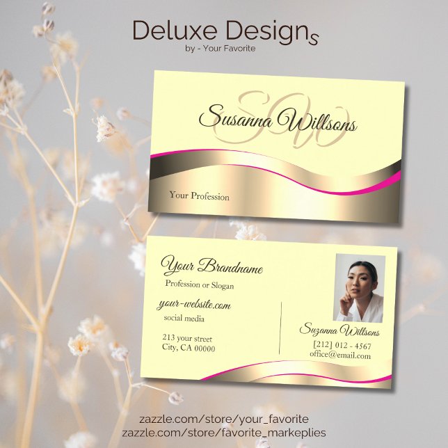 Classy Cream Wavy Gold Decor with Initials Photo Business Card (Creator Uploaded)