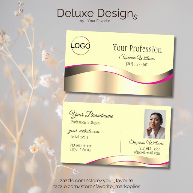 Classy Cream Wavy Gold Decor with Logo and Photo Business Card (Creator Uploaded)