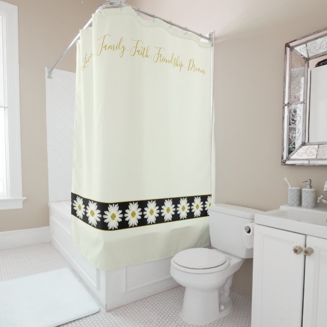 Classy Creamy White Daisy With Black Shower Curtain (In Situ)