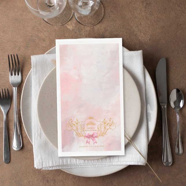 Classy Crown Pink Bow Quinceanera Custom Napkin (Classy Crown Pink Bow Quinceanera Custom Paper Guest Towels)