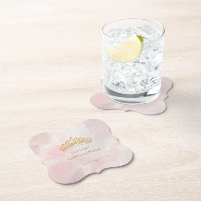 Classy Crown Pink Quinceanera Party Custom Paper Coaster (Insitu)