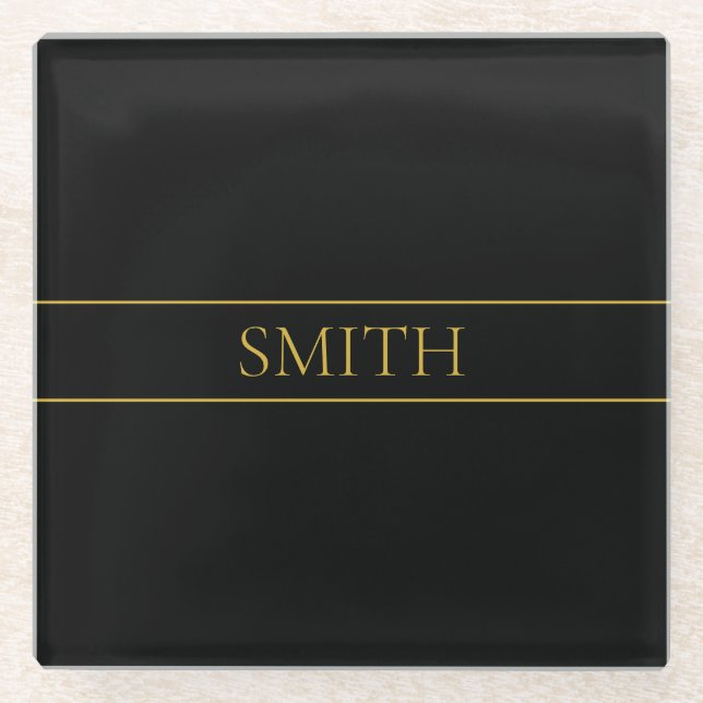 Classy Customisable Gold Text & Lines Glass Coaster (Front)