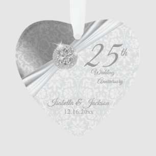 Classy Damask - 25th Silver Wedding Anniversary Ornament