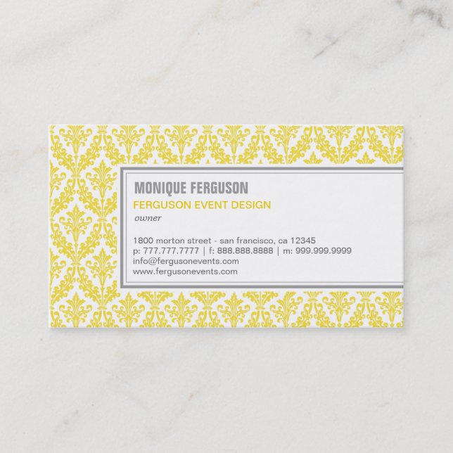Classy Damask Business Card - Lemon (Front)