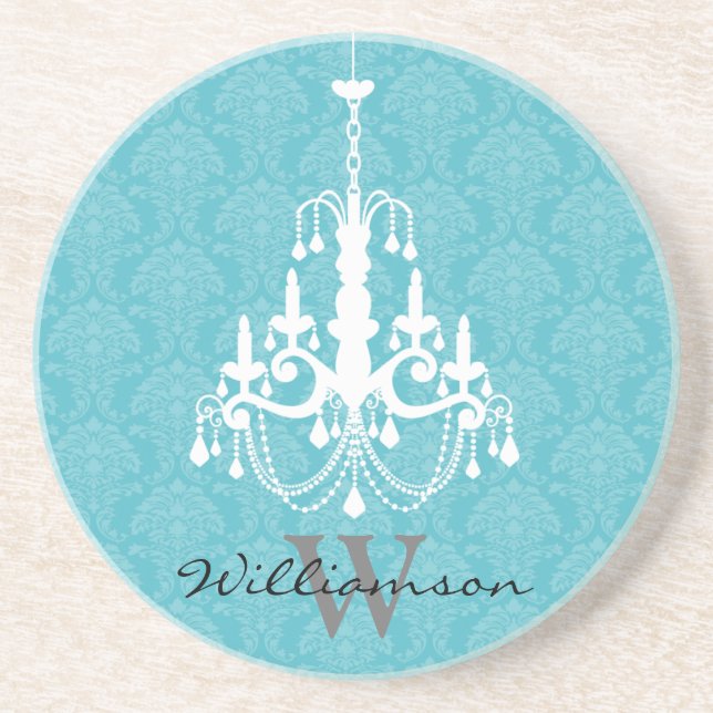 Classy Damask Chandelier Monogram Coaster (aqua) (Front)